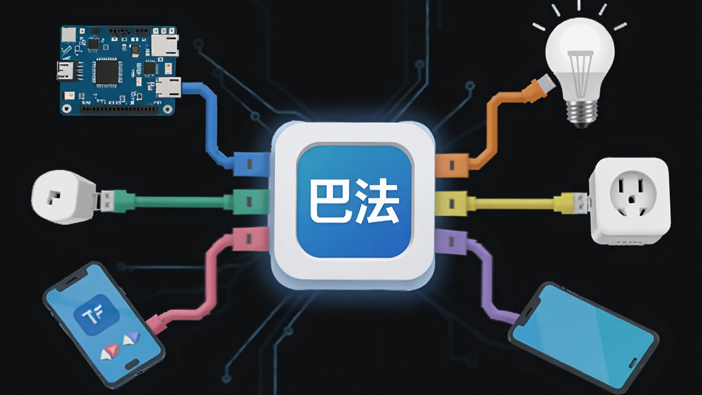 画面主体是一个充满科技感的智能家居中控台,中心是“巴法”App的Logo图标,四周延伸出不同颜色的数据线缆,分别连接着开发板、智能灯泡、智能插座和手机。布局呈放射状,风格为扁平化科技风,细节干净,画质清晰,无多余元素。