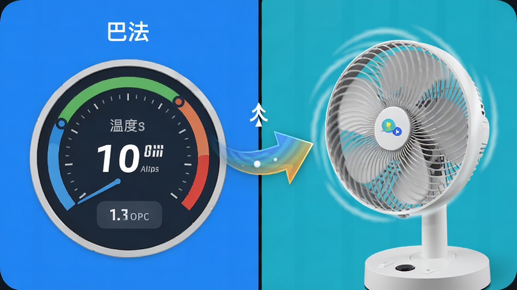 分屏画面,左侧是“巴法”App显示温度数值的仪表盘,右侧是一个智能风扇正在转动。中间用动态箭头连接,表示温度升高触发风扇开启。风格为信息图表风,布局清晰,色彩明快,细节干净,画质清晰,无多余元素。
