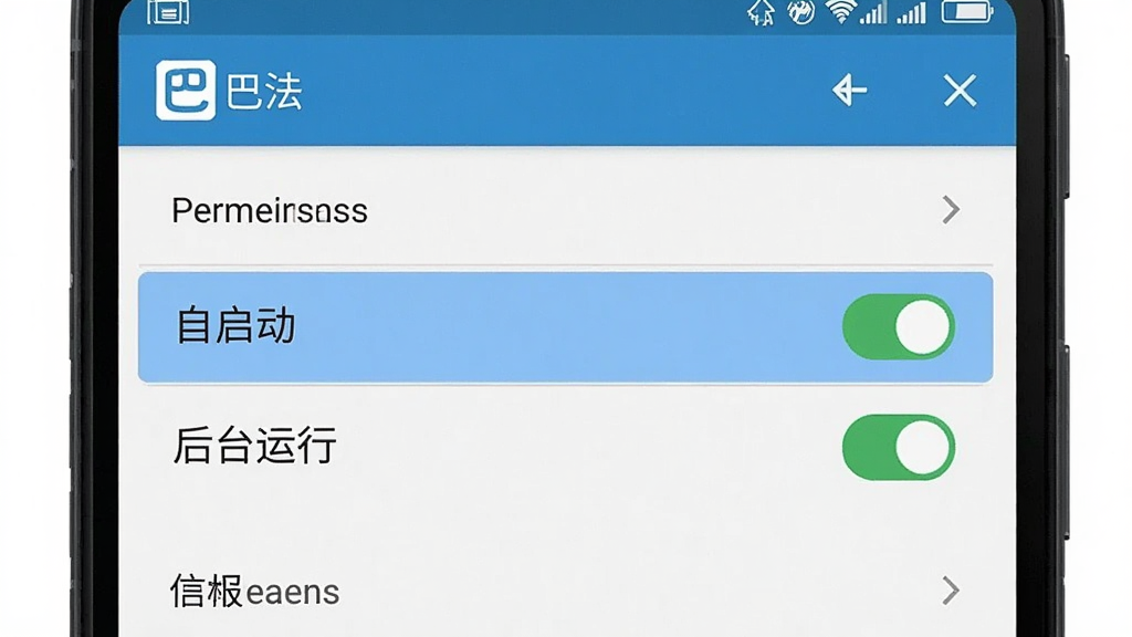 手机屏幕截图,展示“巴法”App运行在安卓手机上的权限设置页面,高亮显示“自启动”和“后台运行”权限已开启。画面风格为手机UI截图,布局清晰,细节明确,画质干净,无多余元素。