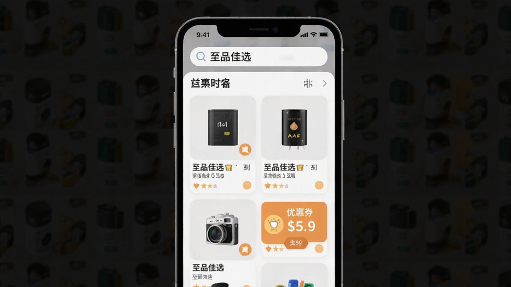 һ���ֻ�Ӧ�ý����ͼ�����������ǡ���Ʒ��ѡ��APP����ҳ��������������д�С���Ʒ��ѡ���������·�չʾ��Ʒ�б����Ż�ȯ��ǩ�����岼��Ϊ���½ṹ���Ű����࣬���Ϊ�ִ���ƽ����ƣ�ϸ��Բ�󣬻��������ɾ����޶���Ԫ��