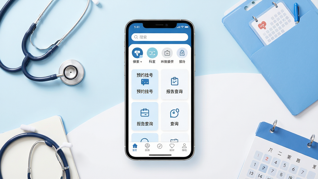 �λ�ҽ��App������ȫòչʾ������������һ�������ֻ�����Ļ��ʾ�λ�ҽ��App��ҳ��������������Ϳ��ҷ���ͼ�꣬�м���ԤԼ�Һźͱ����ѯ���ܿ�Ƭ���ײ������������ɼ�����������͵�����ɫ������Χ��׺�����������������С�������ҽ��Ԫ�أ��������ִ���Լ�����ʸɾ��������޶�������Ԫ��
