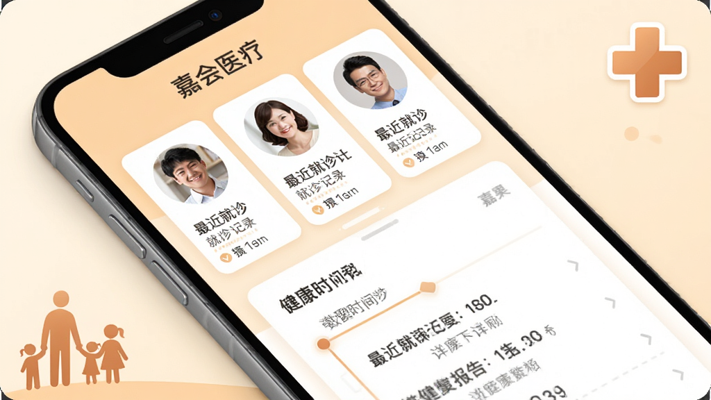 �λ�ҽ��App��ͥ���������������棬�ֻ���Ļ��ʾ�����ͥ��Աͷ��Ƭ��ÿ����Ƭ�·�����������¼�ͱ��������������չ����ϸ����ʱ���ߣ���������ܰ��ǳůɫ������������м�ͥ��Ӱ��ҽ��ʮ�ֱ�־��������������ͣ����ʸɾ����Ű��������޶���Ԫ��