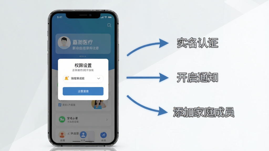 �λ�ҽ��App���ֲ���ָ��ͼ���ֻ���Ļ��ʾע���¼ҳ���Ȩ�����õ������Ա��м�ͷ��ע��ʵ����֤��������֪ͨ�������Ӽ�ͥ��Ա���������裬������ǳ��ɫ�Ͱ�ɫ����������ˣ��������������ֱ�ǩ��ȷ���޶���װ��