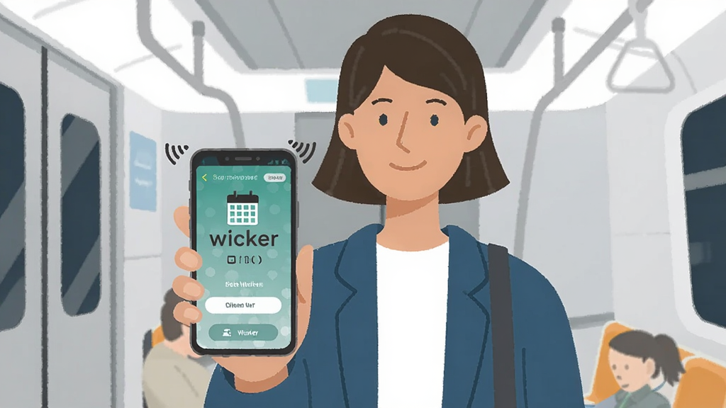 一张展示 wicker 离线使用场景的插画,主体为一个人拿着手机在地铁或电梯里使用 wicker,手机屏幕显示功能正常运行,周围有信号弱的图标提示,布局为人物居中、手机屏幕特写,风格为生活化扁平插画,细节上人物表情轻松、手机界面清晰,画质干净无多余元素,高清渲染