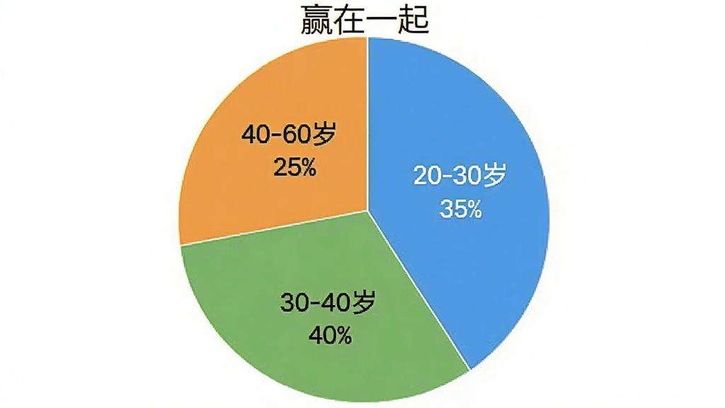 һ��չʾ��Ӯ��һ���û�����ֲ���״ͼ��ͼƬ��������һ��Բ�α�״ͼ����Ϊ�����������򣬷ֱ��ע��20-30�� 35%����30-40�� 40%����40-60�� 25%�������ֲ��þ����Ű棬����࣬ϸ�����������ʸɾ��޶���Ԫ�ء�