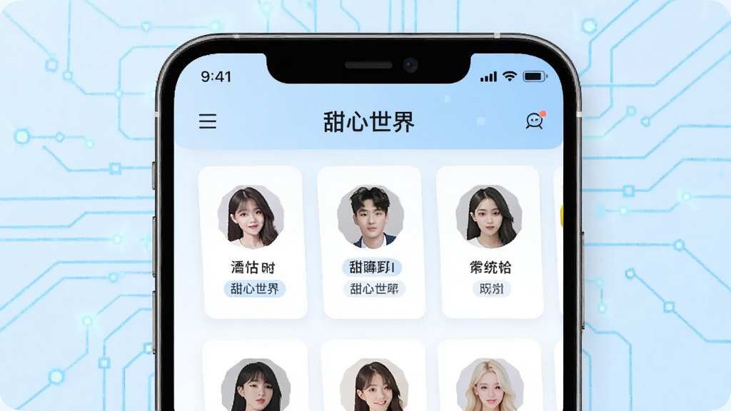 一张以“甜心世界”智能匹配功能为主题的AI生图,画面主体是一部手机,屏幕显示“甜心世界”匹配列表,几个用户头像卡片依次排列,卡片上有标签文字,背景是浅蓝色科技感线条,布局简洁,风格现代扁平,细节清晰,画质干净,无多余元素