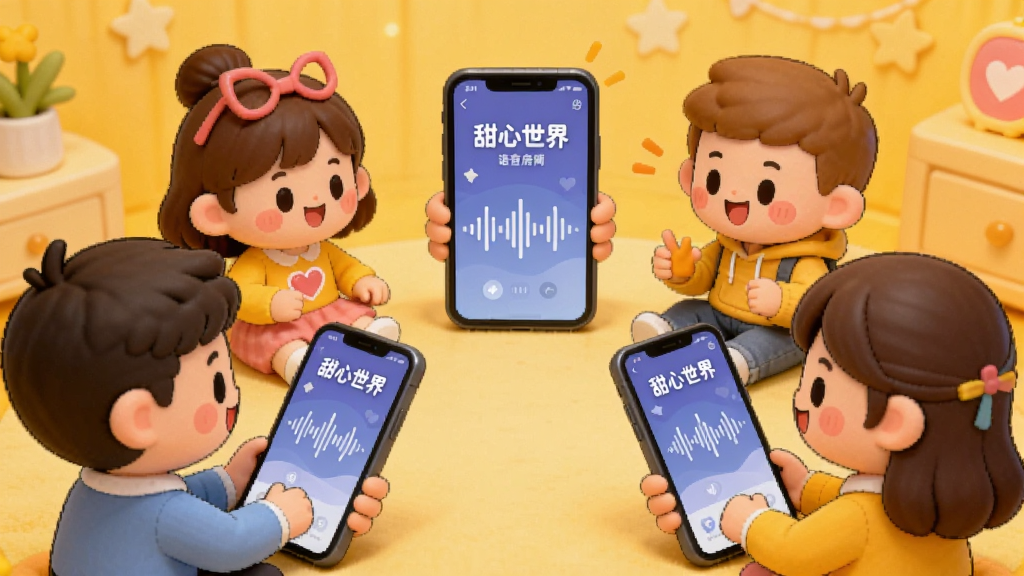 一张展示“甜心世界”语音互动场景的AI生图,画面主体是几个卡通人物拿着手机围坐一圈,手机屏幕显示“甜心世界”语音房间界面,声波图标跳动,背景是暖黄色调,布局居中,风格活泼,细节丰富,画质干净,无多余元素