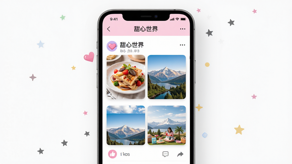 一张以“甜心世界”动态广场为主题的AI生图,画面主体是手机屏幕显示“甜心世界”动态信息流,配图是美食和风景照片,下方有点赞和评论图标,背景是白色简洁风格,布局规整,细节清晰,画质干净,无多余元素