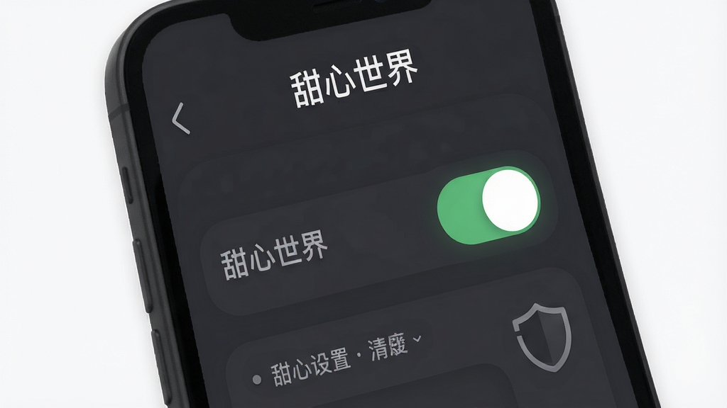 一张展示“甜心世界”隐私设置界面的AI生图,画面主体是手机屏幕显示“甜心世界”设置页面,开关按钮和盾牌图标突出,背景是深灰色调,布局清晰,风格简约,细节圆润,画质干净,无多余元素