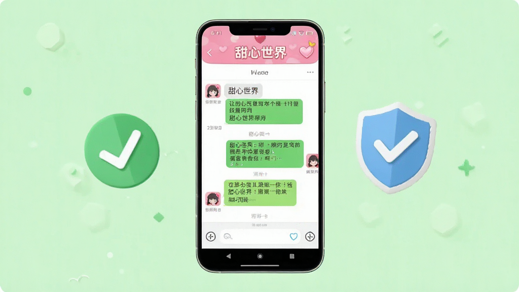 一张展示“甜心世界”在安卓手机上运行流畅的AI生图,画面主体是手机屏幕显示“甜心世界”聊天界面,旁边有对勾和盾牌图标表示安全,背景是浅绿色调,布局居中,风格简洁,细节清晰,画质干净,无多余元素