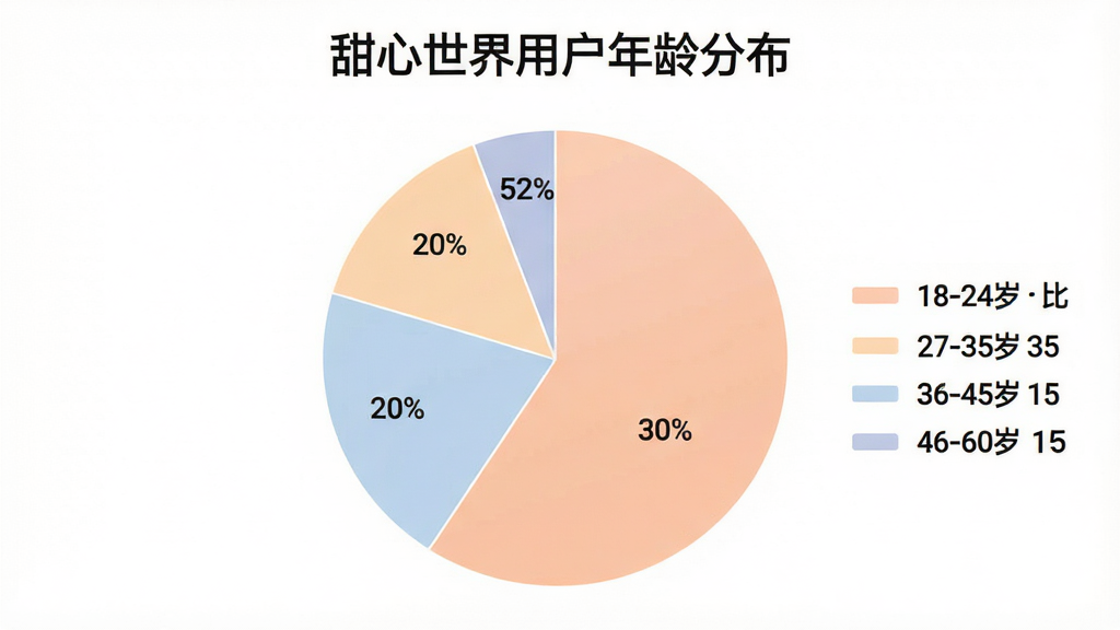 一张展示“甜心世界”用户年龄段分布的饼状图,图表标题为“甜心世界用户年龄分布”,图例显示18-24岁占比30%,25-35岁占比35%,36-45岁占比20%,46-60岁占比15%,背景是白色,图表颜色柔和,布局居中,风格清晰,细节干净,无多余元素