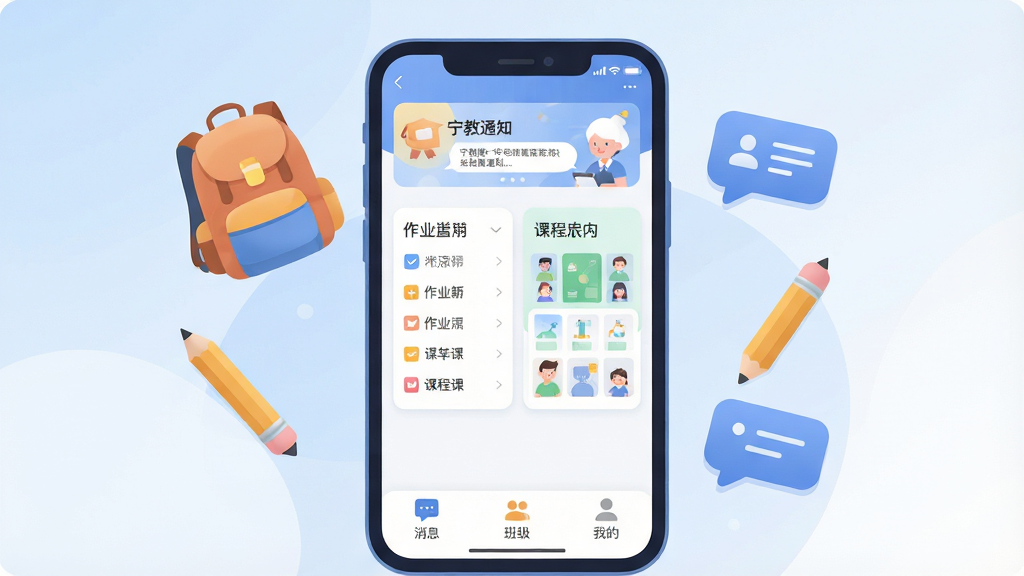 һ��չʾ����App����ȫò�Ĳ廭������������һ�������ֻ�����Ļ��ʾ����App�����棬�����а༶֪ͨ������м�����ҵ�б��Ϳγ̱���Ƭ���ײ�����������Ϣ���༶���ҵ�����ͼ�꣬�ֻ���ΧƯ���������Ǧ�ʡ��Ի���Ƚ���Ԫ�أ���������͵����׽��䣬����ƽ�ִ���ϸ��Բ�󣬻��ʸɾ��޶���Ԫ��