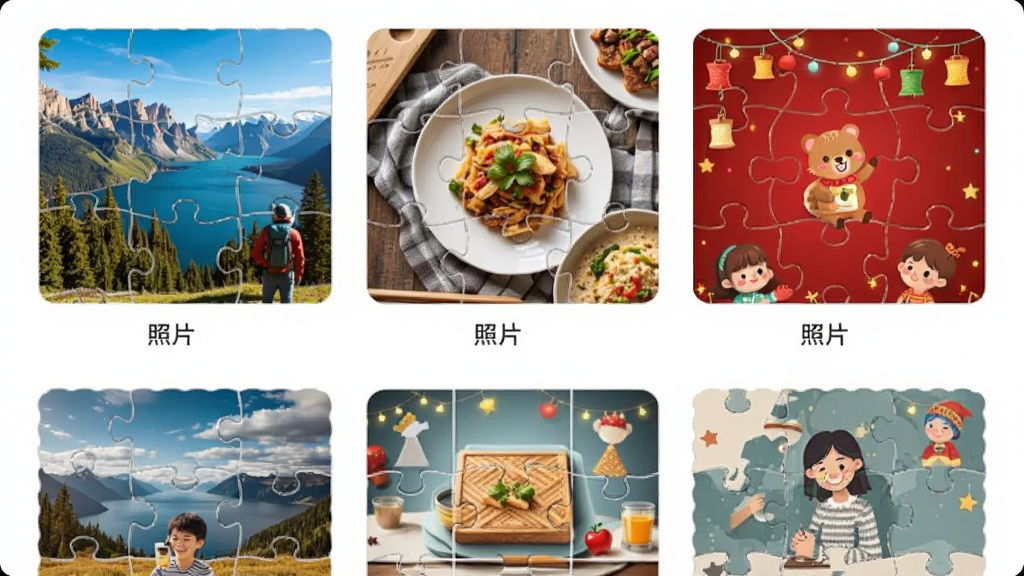 ƴͼƴ��Ӧ�õ�ģ��ѡ����棬��Ļ��չʾ����ƴͼģ������ͼ���������з羰����ʳƴͼ����������Ȳ�ͬ���ÿ��ģ�嶼��ע����Ƭ�����������Ű����룬������»��ã����ʸ���