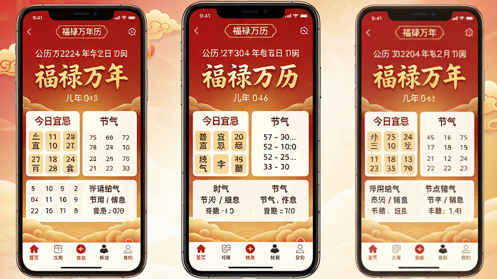 һ���ֻ�Ӧ�ý���չʾͼ�����������ǡ���»��������App����ҳȫò��������ϲ����й������ɫ���䣬������ʾ�������ں�ũ�����֣��м�����չʾ�����˼ɺͽ�����Ϣ���ײ��ǹ��ܵ����������ͳ���ִ������������ɾ����޶���Ԫ��