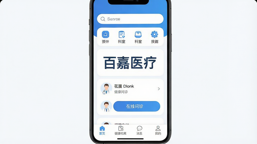 �ټ�ҽ��App������չʾ���ֻ���Ļ������ʾ���ټ�ҽ�ơ��ĸ��֣�����Ϊ�ɾ�������ɫ����������������Ϳ��ҷ���ͼ�꣬�м���ҽ���б����������ﰴť���ײ�������Ϊ��ҳ��������������Ϣ���ҵ��ĸ�ѡ������岼�ּ�࣬����ִ���ƽ��ϸ��Բ�󣬻��ʸɾ��޶���Ԫ��
