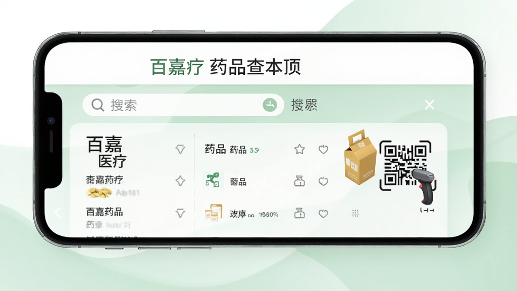 �ټ�ҽ��ҩƷ��ѯҳ�棬�ֻ���Ļ��ʾ�������ҩƷ�б����Ա���ҩ�к�ɨ��ͼ�꣬��Ļ�Ϸ��С��ټ�ҽ�ơ�����������Ϊ��ɫ��ǳ��ɫ���䣬�����ˬ���������룬���ʸɾ��޶���Ԫ��