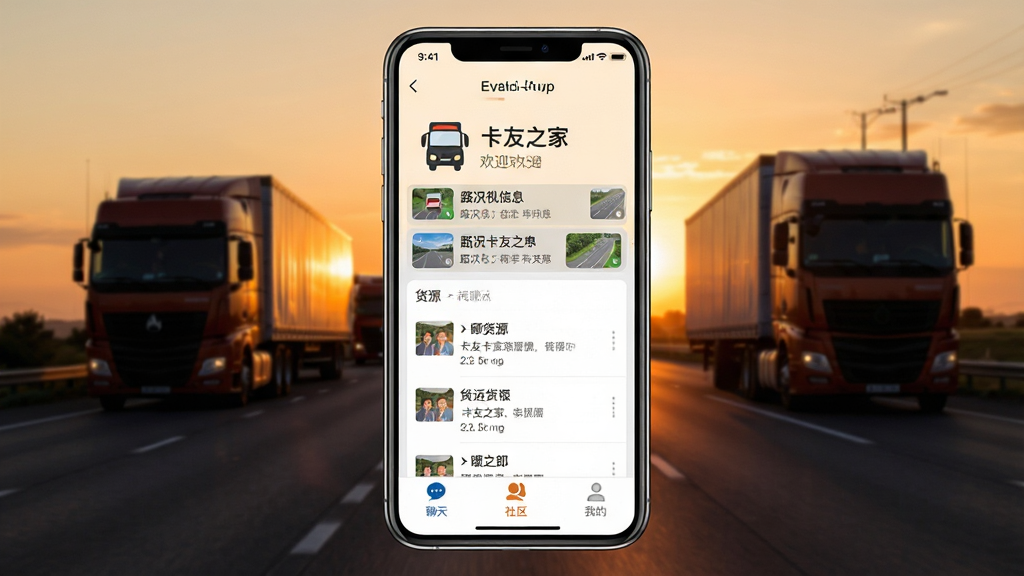 一张展示卡车司机社区App核心界面的手机样机图,画面中央是“卡友之家”App的主页面,顶部显示卡车图标和欢迎语,中间是滚动的路况信息和货源帖子列表,底部有聊天、社区、我的三个导航按钮,背景是高速公路和夕阳下的卡车剪影,风格写实温暖,细节清晰,画质干净无多余元素