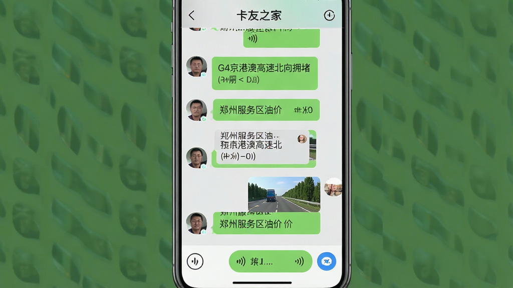 一张展示“卡友之家”App群聊界面的手机截图风格图片,画面中多个卡车司机头像正在发送语音消息和路况图片,聊天内容包含“G4京港澳高速北向拥堵”“郑州服务区油价”等文字气泡,界面底部有语音输入按钮,整体风格简洁明快,画质清晰干净