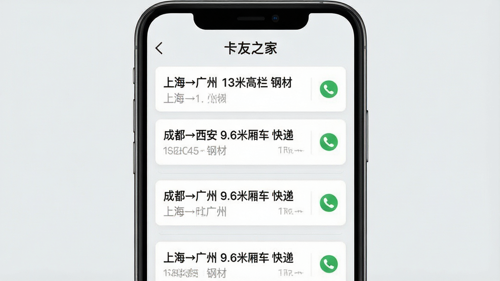 一张展示“卡友之家”App货源列表界面的手机样机图,画面中是一条条货源信息卡片,每张卡片上写着“上海→广州 13米高栏 钢材”“成都→西安 9.6米厢车 快递”等文字,卡片右侧有电话图标,背景是简洁的浅灰色,整体排版整齐清晰,画质干净无多余元素
