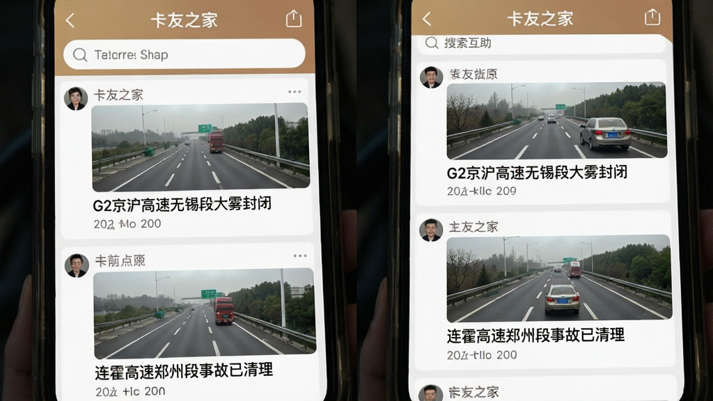 一张展示“卡友之家”App路况互助板块的手机界面图,画面中是一条条卡友发布的实时路况信息,配有高速公路实拍小图和文字描述,如“G2京沪高速无锡段大雾封闭”“连霍高速郑州段事故已清理”,界面顶部有搜索框,整体风格实用朴素,画质清晰