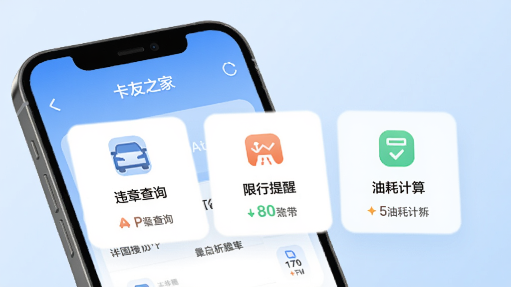 一张展示“卡友之家”App车辆工具页面的手机样机图,画面中有违章查询、限行提醒、油耗计算三个功能卡片,每个卡片配有对应的图标,背景是浅蓝色渐变,整体风格简洁现代,画质干净