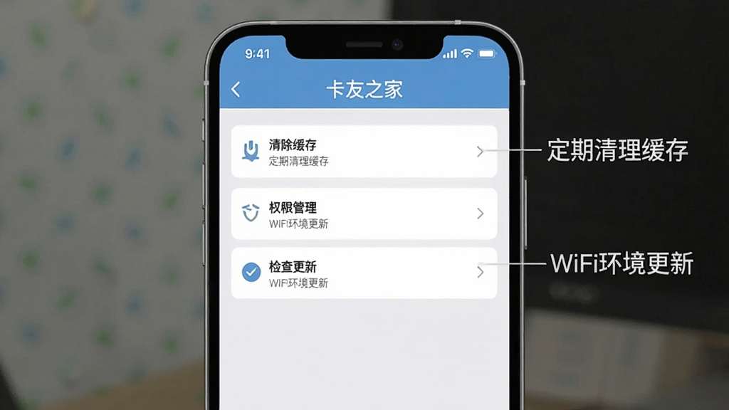 一张展示“卡友之家”App设置页面的手机截图风格图片,画面中有清除缓存、权限管理、检查更新等选项,旁边配有文字标注“定期清理缓存”“WiFi环境更新”,整体风格简洁直观,画质清晰干净