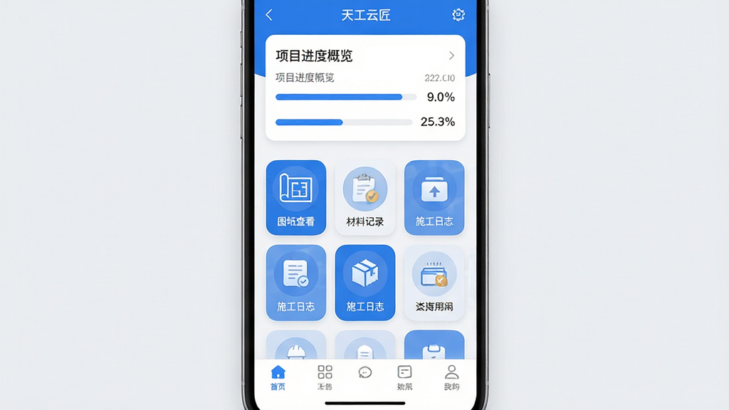 �칤�ƽ� �ֻ�Ӧ���������ͼ����������չʾһ�����̹���APP����ҳ����������Ŀ���ȸ�����Ƭ���м��ǹ���ͼ�����񣬰���ͼֽ�鿴�����ϼ�¼��ʩ����־��ģ�飬�ײ��ǵ������������Ǹɾ���ǳ��ɫ��������Ƽ���ִ���ɫ������ɫ�Ͱ�ɫΪ����ͼ��Բ�����������ʸ��壬�޶���Ԫ�ء�