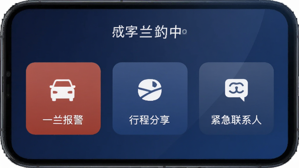 С��Լ��˾���˰�ȫ����ҳ�棬�ֻ���Ļ��ʾһ���������г̷�����������ϵ���������ܰ�ť��ÿ����ť�ж�Ӧͼ�꣬����������ɫ���䣬������ذ�ȫ�����������޶���Ԫ��