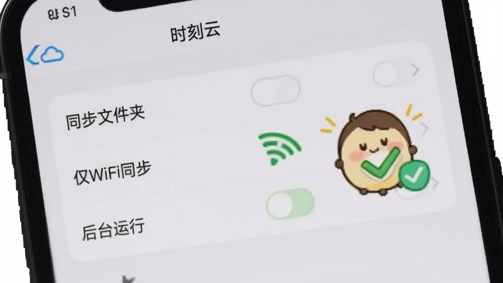 ����չʾһ���ֻ���Ļ����Ļ����ʾ��ʱ���ơ�Ӧ�õ����ý��棬�С�ͬ���ļ��С�����WiFiͬ��������̨���С���ѡ��أ��Ա���һ����ͨ����С��ʿͼ��͹�ѡ��ǣ�����Ϊǳ��ɫ����񣬻��ʸɾ����޶���Ԫ�ء�