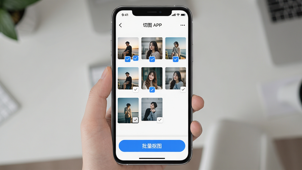 һ��չʾ����ͼ��APP�����������ܵ�ͼƬ���ֻ���Ļ��ʾһ������״��ͼƬѡ����棬������6�Ų�ͬ����Ƭ�Ѿ�����ѡ����Ļ�ײ���һ����������ͼ������ɫ��ť��������Ƽ�����ˣ��԰�ɫ����ɫΪ��ɫ��������ִ���ƽ�����ʸɾ����޶���Ԫ�ء�