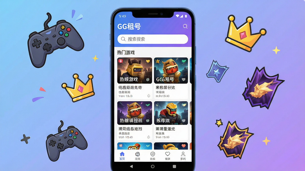 һ��չʾ��GG��š�APP���Ľ�����ֻ�����ͼ������������һ�������İ�׿�ֻ�����Ļ����ʾ��GG��š�Ӧ�õ���ҳ�����������������ɼ����м���������Ϸ�˺ŵ��Ƽ��б����ײ��е��������ֻ���Χ������Ư������Ϸ�ֱ����ʹڡ�Ƥ����Ƭ�ȿ�ͨͼ�꣬��������͵�����ɫ���䣬������ɻ��ã����ʸɾ��������޶�������Ԫ�ء�