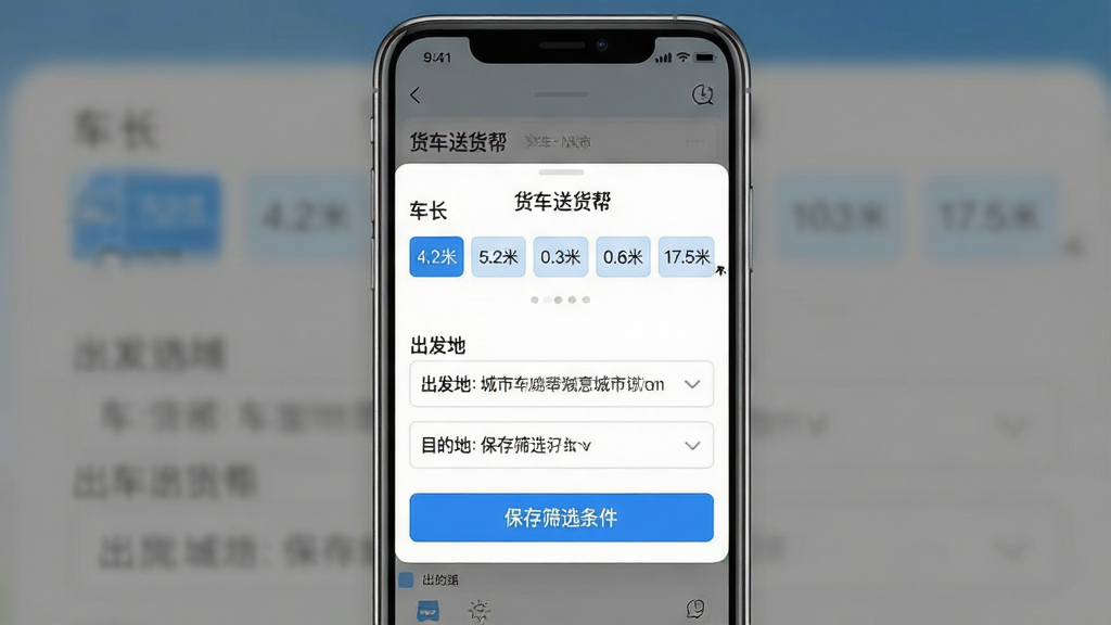 һ��չʾ�����ͻ���App������·ɸѡ���ܵ��ֻ�����ͼ������������һ�������ֻ�����Ļ����ʾɸѡ���õ����������ڰ�������ѡ�ť��4.2�׵�17.5�����У��·��г�����ʡ�ݳ���ѡ������Ŀ�ĵ�ѡ�������ײ���