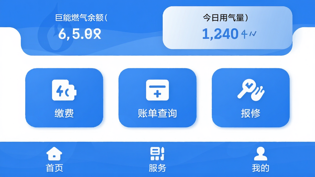 ��������ȼ��App��ҳ���棬������ʾȼ�����ͽ������������м��ǽɷѡ��˵���ѯ������������ͼ�갴ť���ײ�Ϊ��ҳ�������ҵ�����ѡ������岼�ּ������������ɫ�Ͱ�ɫΪ��ɫ��������ִ���ƽ��ͼ��Բ�󣬻��ʸɾ��޶���Ԫ��