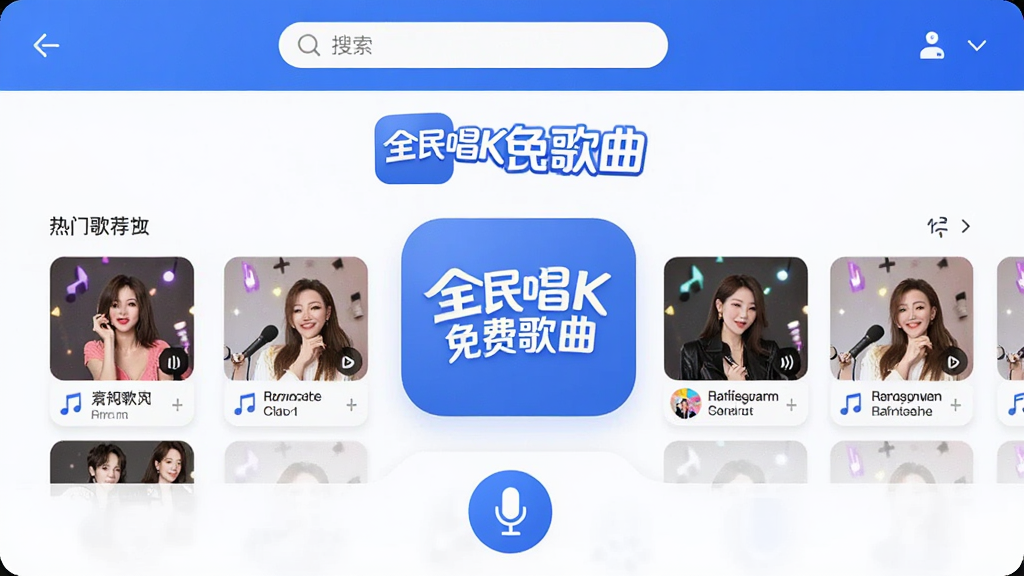 һ��չʾȫ��K��Ѹ���App�������ͼƬ������������ȫ��K��Ѹ�����Logo�͵��̨���棬�����������Ϸ������������м������Ÿ����Ƽ��б����ײ�����˷�ͼ�꣬����ִ���Լ��������ɫ�����ʸɾ��޶���Ԫ��