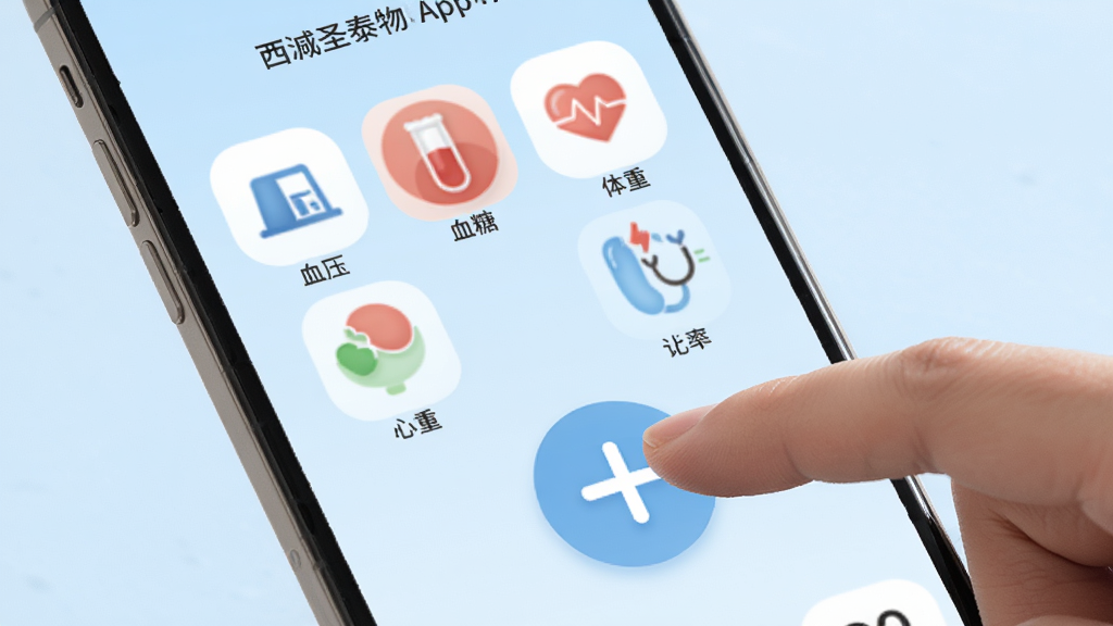 ����ʥ̩����App����¼����棬�ֻ���Ļ��д��������һֻ�����ڵ�����ļӺŰ�ť����Ļ��ʾѪѹ��Ѫ�ǡ����ʡ������ĸ�ָ��ͼ�꣬����Ϊ��͵�ǳ��ɫ��ͼ��Բ�������������Χ���ɱ�ݣ����ʸɾ�