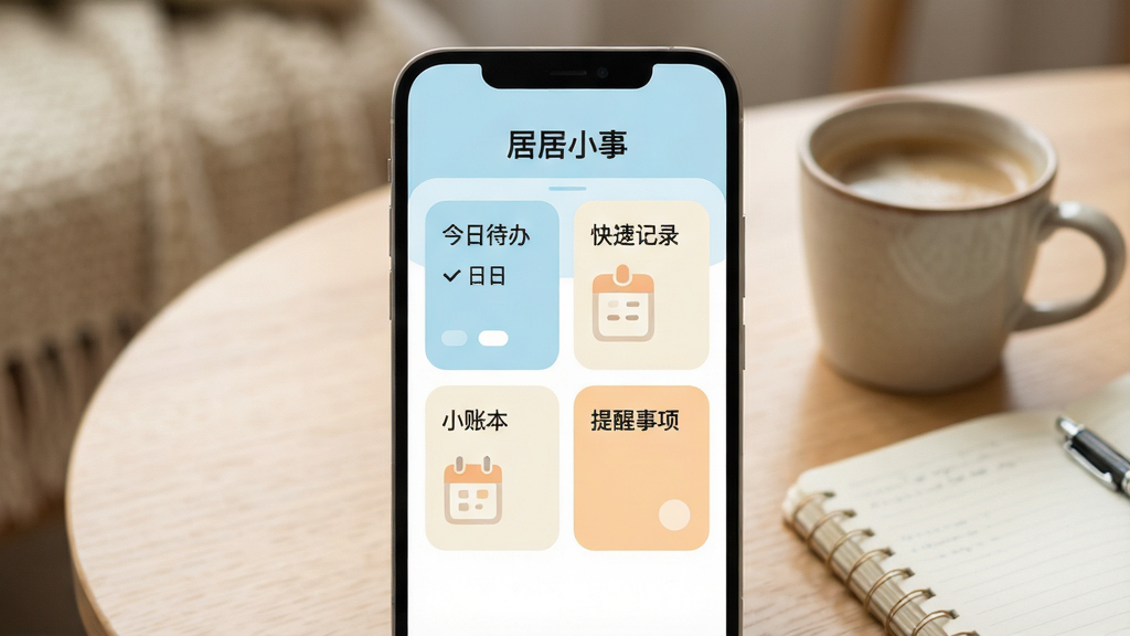 �Ӿ�С��App��������ȫòչʾ������������һ����׿�ֻ�����Ļ��ʾ�Ӿ�С��App����ҳ�������С��Ӿ�С�¡��ĸ��ֵı��⣬ҳ�沼�ּ����ˬ���������մ��졢��ݼ�¼��С�˱������������ĸ����ܿ�Ƭ����Ƭ����Բ����ƣ���ɫ��ǳ�����װס�����Ϊ������������͵ļҾ����滷�����ֻ��Ա߷���һ�����Ⱥ�һ���ʼǱ�����������ܰ��Ȼ�����������ɾ����޶���Ԫ�أ�����׼ȷ��ʾ���Ӿ�С�¡���