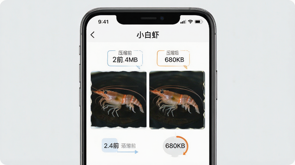 һ���ֻ�����ʾ��ͼ������չʾ��С��Ϻ��App��ͼƬѹ�����ܽ��棬��Ļ����ʾһ��ͼƬѹ��ǰ��ĶԱ����ݣ��С�ѹ��ǰ 2.4MB����ѹ���� 680KB�������ֱ�ע���������࣬����Ϊǳ��ɫ�������������޶���Ԫ��