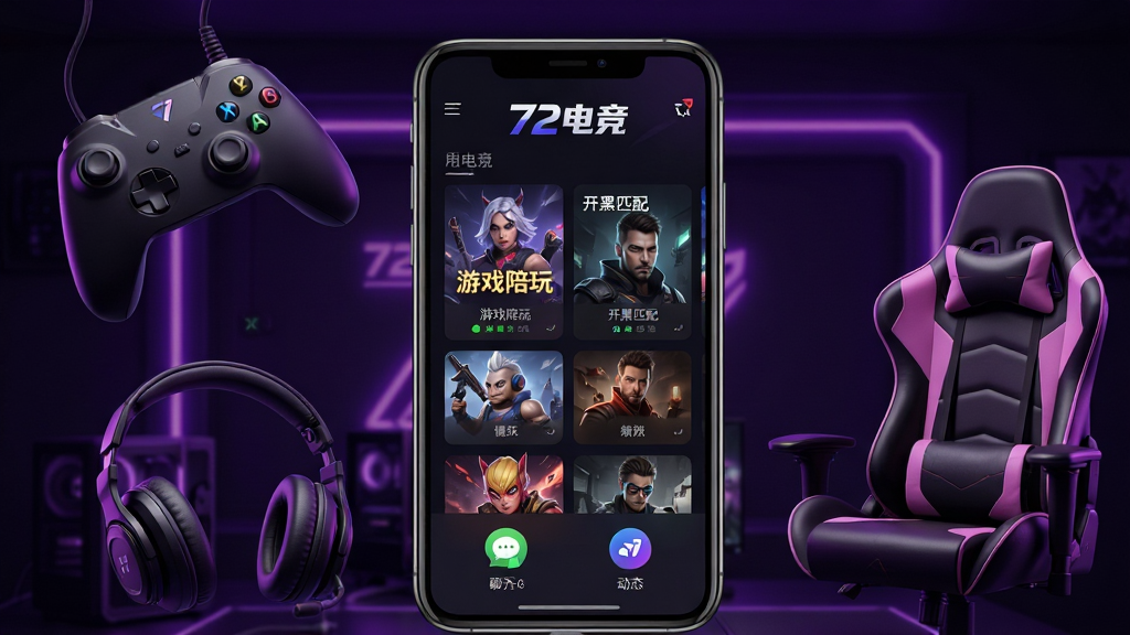 һ��չʾ72�羺APP����ȫò������ͼ�������������ֻ���Ļ��ʾ72�羺�����棬��������ɫ�羺���Ϊ���������С�72�羺��Logo���м�����Ϸ����Ϳ���ƥ��Ŀ�Ƭ�б����ײ�������Ͷ�̬ͼ�꣬�ֻ���Χ��������Ϸ�ֱ��������͵羺��Ԫ�أ������ǰ���ɫ�޺��Ч������ִ��Ƽ��У�ϸ�����������ʸɾ����޶���Ԫ��