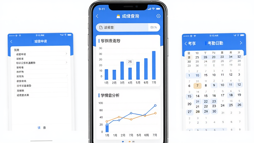 һ��У���Ƽ�УͨAPP�Ĺ���չʾͼ�������������ֻ���Ļ����Ļ����ʾ�ɼ���ѯҳ���ѧ�����ͼ����ͼ������״ͼ������ͼչʾ���Ƴɼ����ƣ���Ļ�Ա��������������Ϳ�������������ͼ����������ɫ�Ͱ�ɫΪ��ɫ���������ˬ�ִ������ʸɾ��޶���Ԫ��