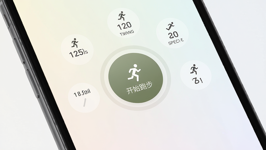 QRunning �����¼���ܽ���չʾ������Ϊ�ֻ���Ļ��д����Ļ������һ����Ŀ��Բ�ο�ʼ�ܲ���ť������Ϊǳɫ���䣬��Χ�����ž��롢ʱ�䡢����������������ͼ�꣬���־��жԳƣ�������¼�Լ��ϸ�ھ��£����ʸɾ��޶���Ԫ��