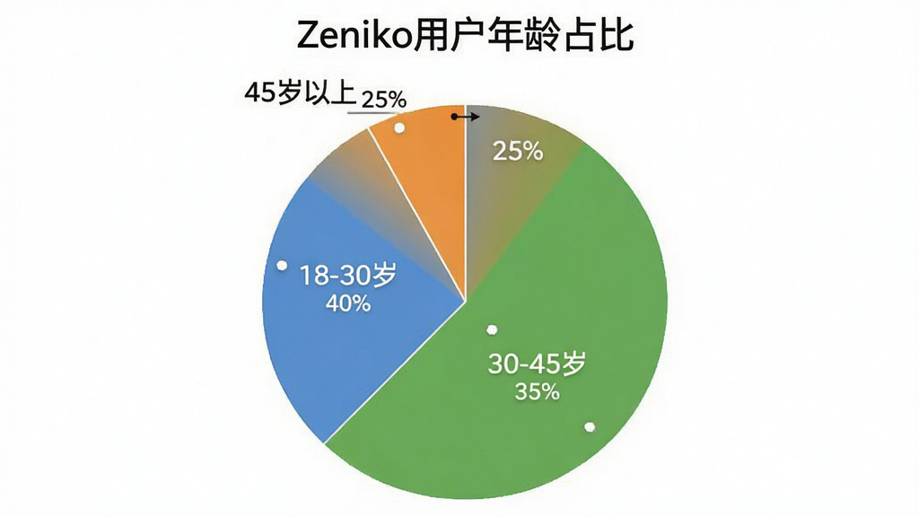 һ��չʾZeniko�û�����ֲ��ı�״ͼ��ͼ������Ϊ��Zeniko�û�����ռ�ȡ�����ͼ��Ϊ���飬�ֱ��ע��18-30�� 40%������30-45�� 35%������45������ 25%������ɫʹ�������̡���������ɫ�������ɾ���ͼ���������޶���Ԫ��