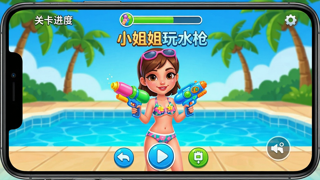 һ��չʾ�ֻ���Ϸ�����ͼƬ�����������ǡ�С�����ˮǹ����Ϸ�������棬һλ��ͨ����С����ֲֳ�ɫˮǹվ��Ӿ�رߣ��������������������������沼�ּ�࣬������ʾ�ؿ����ȣ��ײ��в�����ť������������죬ϸ�ڷḻ�����ʸɾ����޶���Ԫ�ء�
