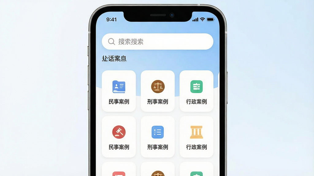 一张展示“把手案例”App核心全貌的手机界面截图,居中构图,手机屏幕内显示App首页,顶部搜索栏醒目,中间是分类卡片式布局,包含“民事案例”“刑事案例”“行政案例”等标签,背景为干净的白底加淡蓝色渐变,风格现代简约扁平化,细节圆润,画质干净清晰,无多余元素