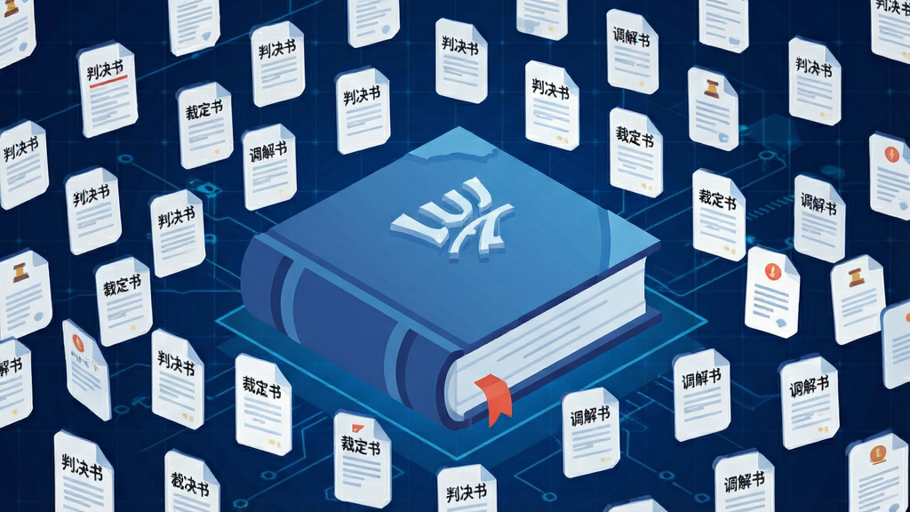 一个代表海量法律文档的视觉化场景,画面中央是一本巨大的虚拟法典,周围漂浮着无数小文档图标,每个图标上写着“判决书”“裁定书”“调解书”,背景是深蓝色科技感网格,风格扁平插画,细节清晰,画质干净,无多余元素