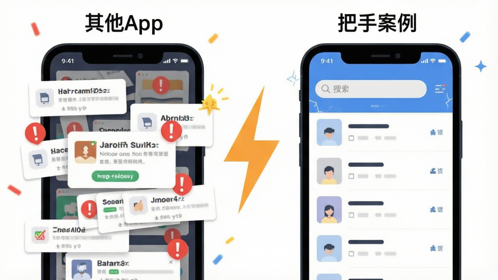 一张对比图风格插画,左侧是“其他App”的杂乱界面,布满广告弹窗和红色感叹号,右侧是“把手案例”的清爽界面,只有搜索框和列表,中间用闪电符号分隔,背景为白色,风格扁平化,细节干净,画质清晰,无多余元素