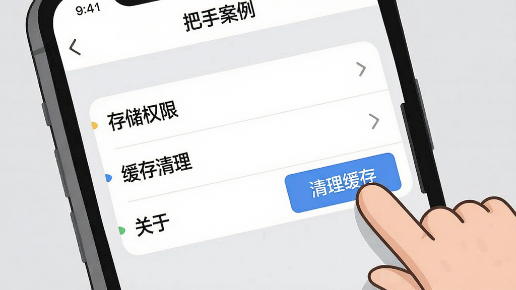 一张手机屏幕截图风格的插画,屏幕上显示“把手案例”App的设置页面,有“存储权限”“缓存清理”“关于”等选项,旁边有一个卡通手指正在点击“清理缓存”按钮,背景为浅灰色,风格简洁,细节清晰,画质干净,无多余元素