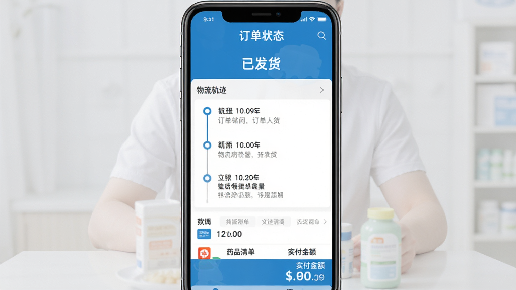 ��ҩʦAPP��������ҳ��������ʾ����״̬���ѷ��������м��������켣ʱ���ᣬ�ײ���ҩƷ�嵥��ʵ������������ɫ�Ͱ�ɫΪ������Ϣ�㼶���������ʸɾ�