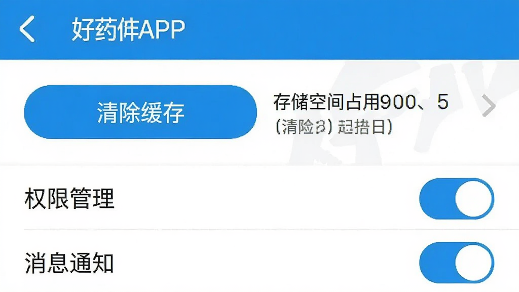 ��ҩʦAPP���ý����ͼ���չʾ��������桱��ť�Ա��д洢�ռ�ռ����ʾ���·��С�Ȩ�޹������͡���Ϣ֪ͨ�����أ������࣬������ɫ����������