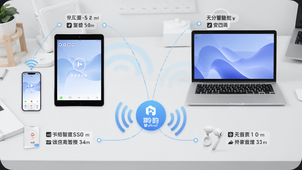 �����ǿض��豸�������棬����չʾ�ֻ���ƽ�塢�ʼǱ����Ժ���������ͨ�������ź����ӵ�����������ǿ�ͼ�꣬ÿ���豸�Ա߱�ע�Ų�ͬ����Ƶ���ò�����������ǳ��ɫ����̨��������������죬�������������ʸɾ��޶���Ԫ��