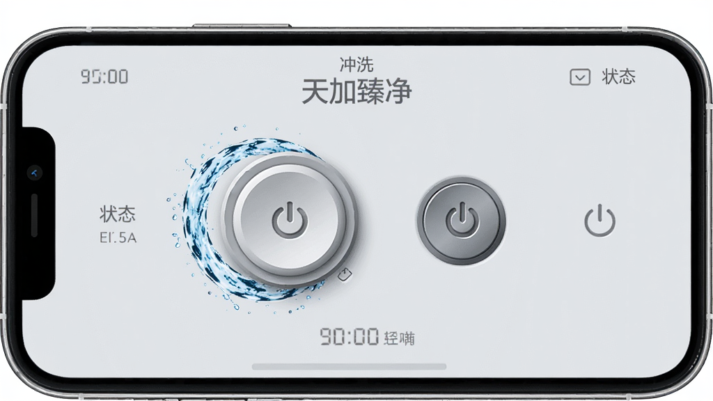 ����龻 Զ�̿��ƽ��棬���������ֻ���Ļ��ʾһ������Բ�γ�ϴ��ť�͵�Դ���ذ�ť����ť��������尴ѹ�У��Ա���ˮ����ת�Ķ���Ч���������Ű�Ϊ���жԳƣ������ٿ���壬����Ϊǳ��ɫ��ϸ�ڰ�����ϴ����ʱ��״̬���֣����ʸɾ��޶���Ԫ��